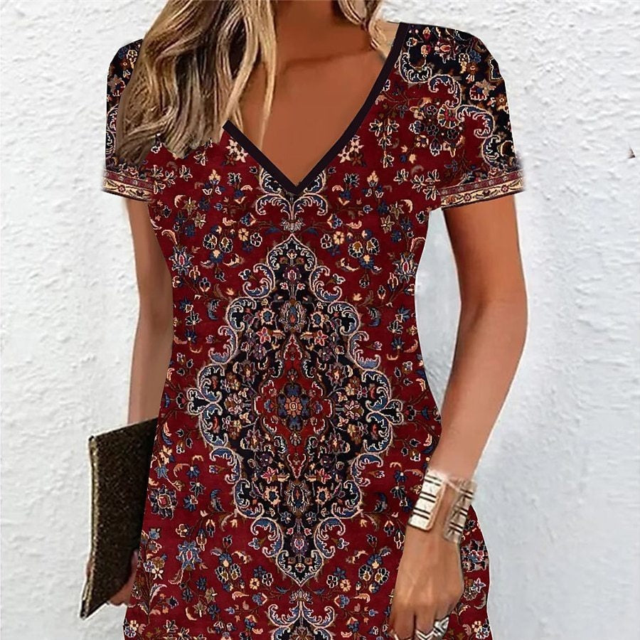 Women's T-shirt Dress Printed V-neck Mini Dress Active Fashion Outdoor Daily Short Sleeve Regular Repair