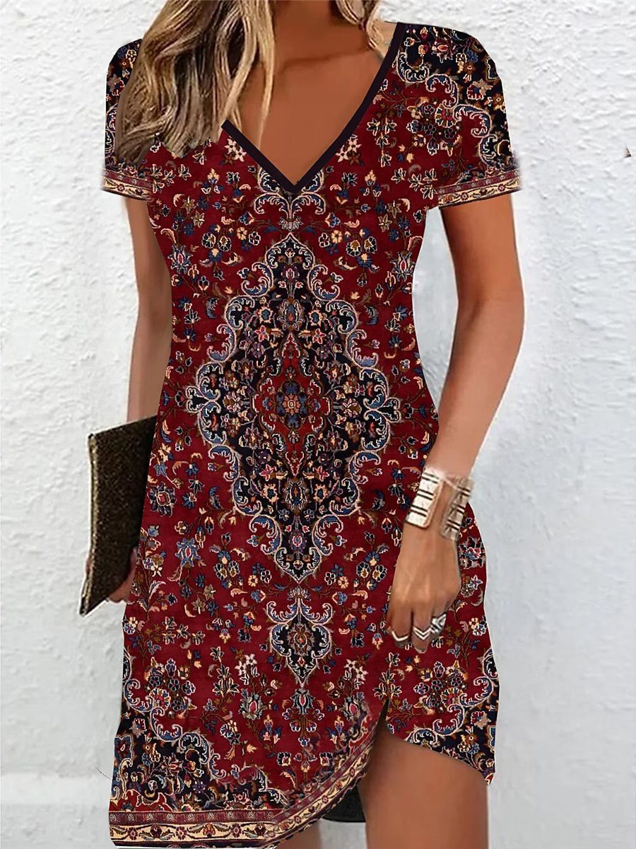 Women's T-shirt Dress Printed V-neck Mini Dress Active Fashion Outdoor Daily Short Sleeve Regular Repair
