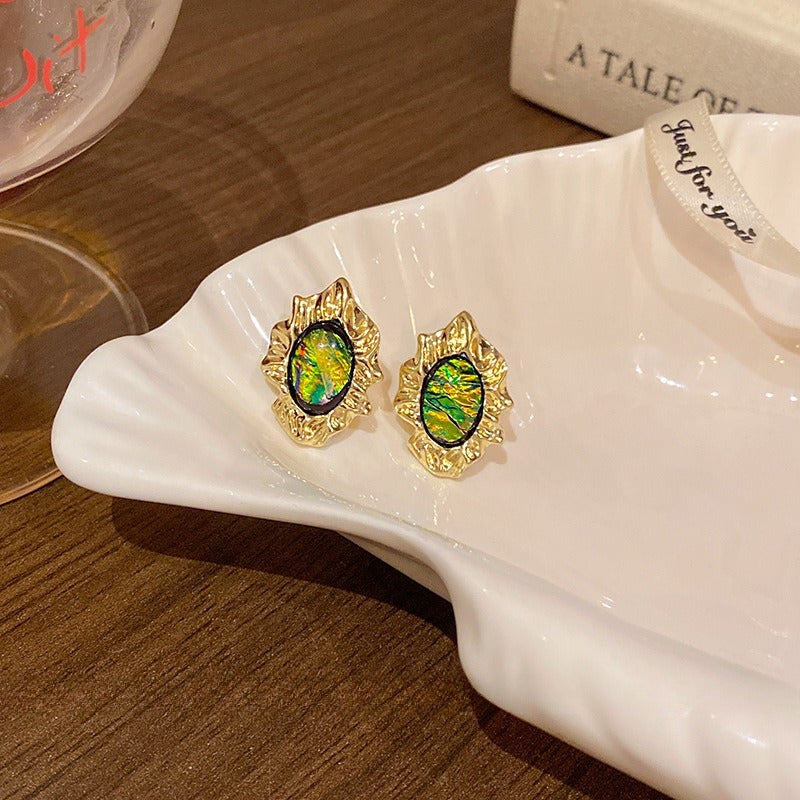 Retro New Pleated Metal Irregular Green Earrings