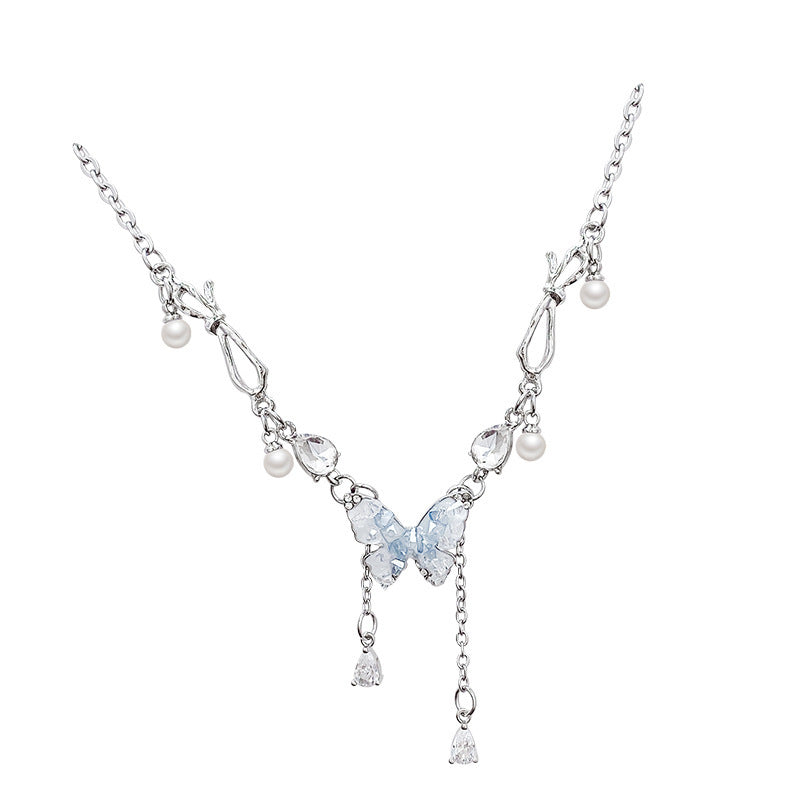 Spring And Summer Super Fairy Gradient Blue Butterfly Tassel Necklace