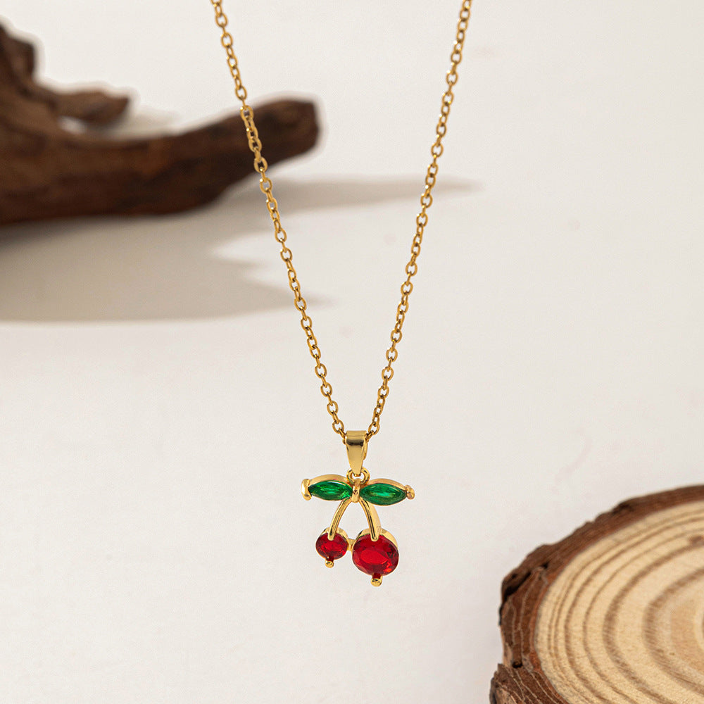 Simple Dignified Rhinestone Cherry Pendant Necklace