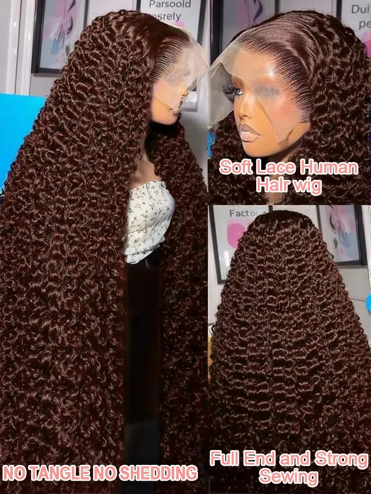 Deep Curly Human hair Wigs Chocolate Brown 13x4 13x6 Hd Lace Frontal Wig Colored Water Wave Lace Front Wig For Women 30 36 Inch