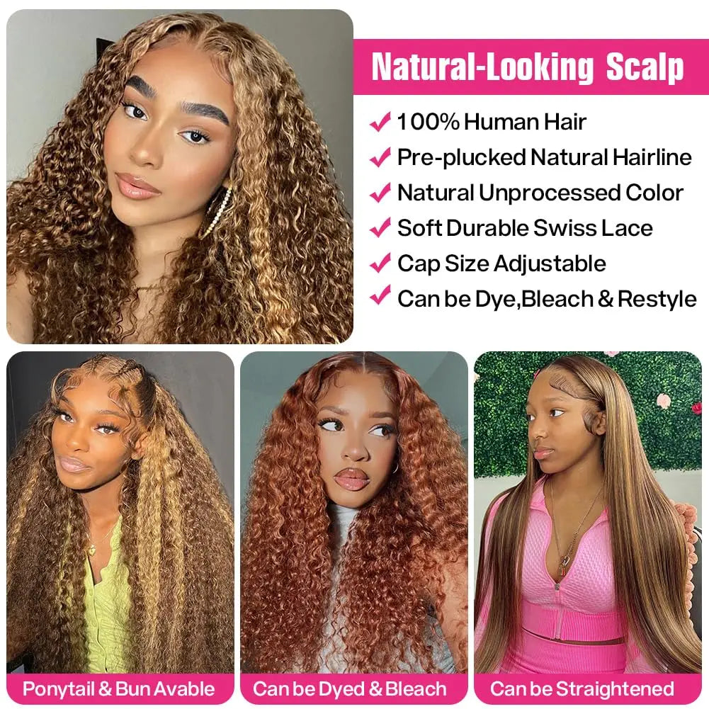 Highlight 13x6 Lace Frontal Wig Human Hair Brazilian Curly Wigs For Women Deep Water Wave HD Lace Wig Transparent Colored Hair
