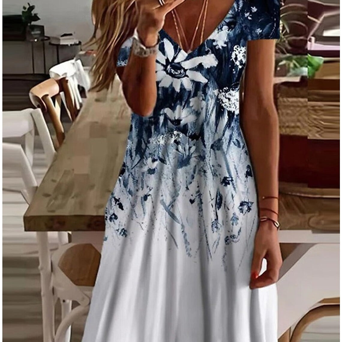 Printed Leaf Printed V-neck Mini Dress