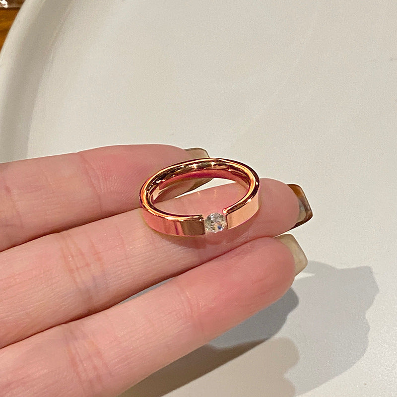 Single Diamond Zircon Titanium Steel 18K Ring For Women