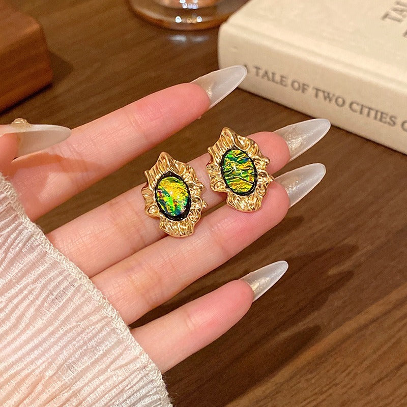 Retro New Pleated Metal Irregular Green Earrings