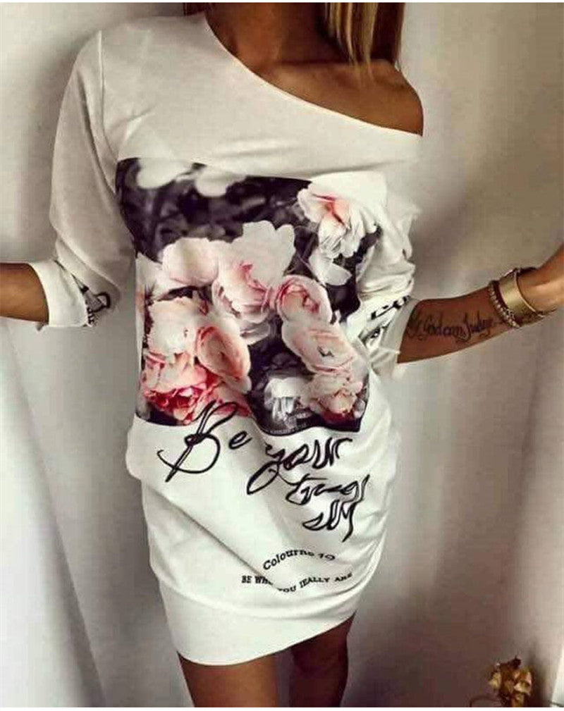Personalized Printed Loose Slanted Shoulder Mini Dress