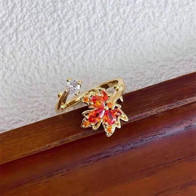 Fashionable Golden Open Red Maple Leaf Ring