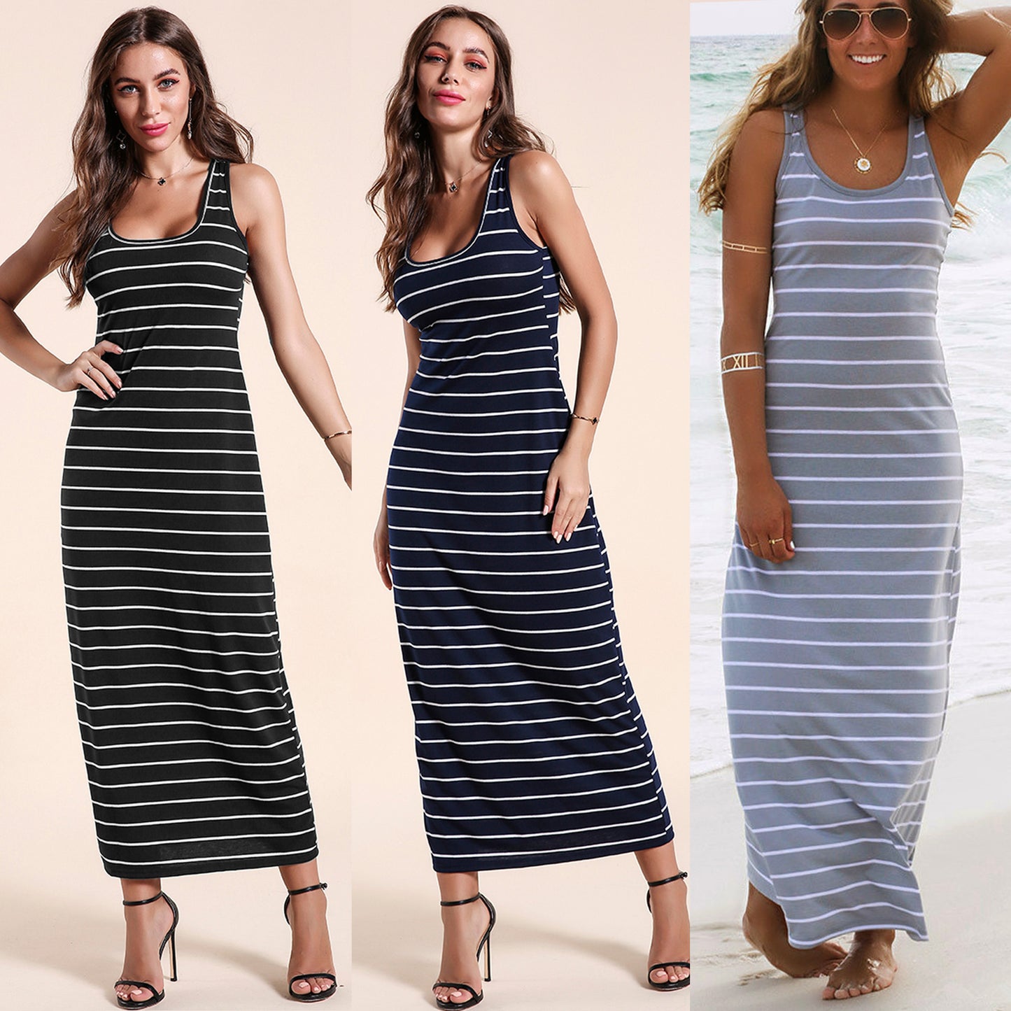Striped Sleeveless Fashion Sexy Beach Dress
