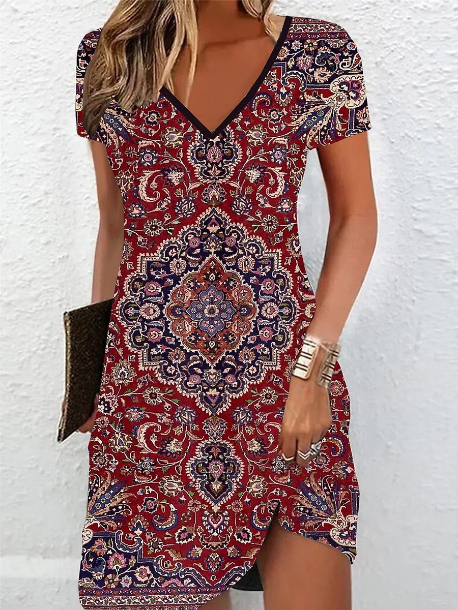 Women's T-shirt Dress Printed V-neck Mini Dress Active Fashion Outdoor Daily Short Sleeve Regular Repair