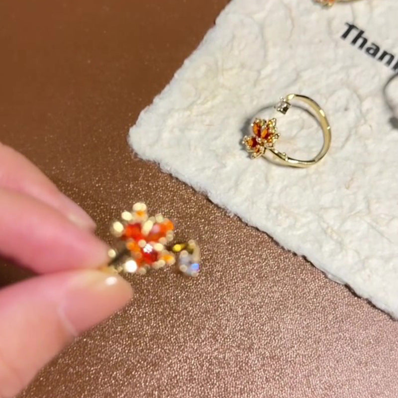 Fashionable Golden Open Red Maple Leaf Ring