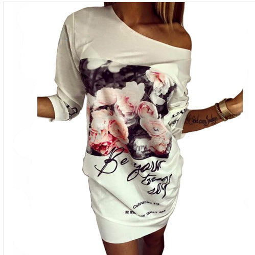 Personalized Printed Loose Slanted Shoulder Mini Dress