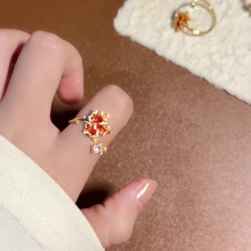 Fashionable Golden Open Red Maple Leaf Ring