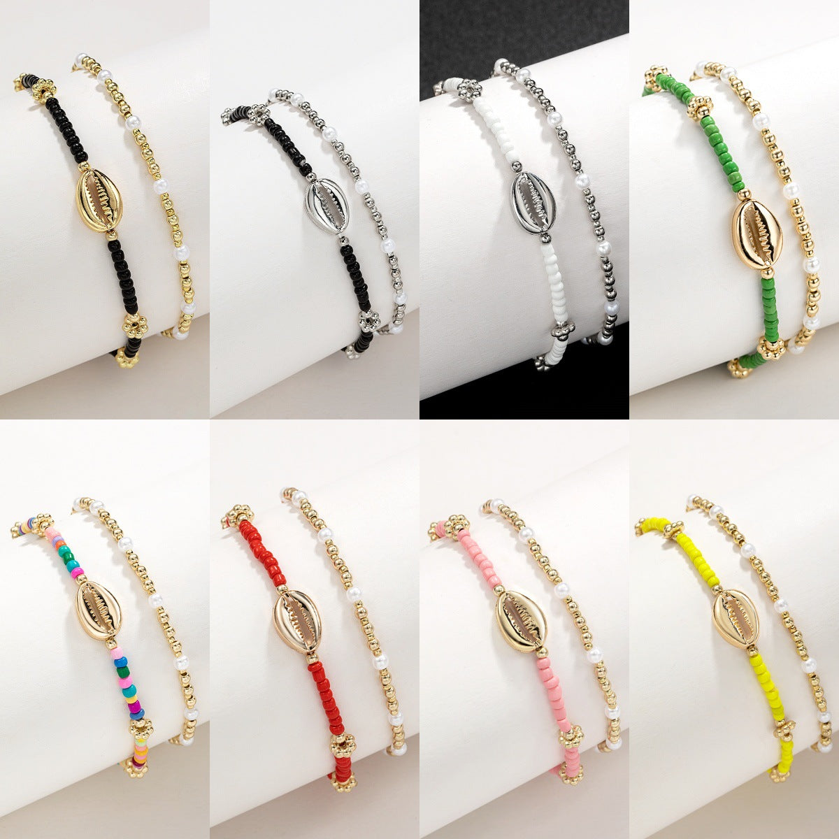Shell Pearl Rice Bead Elastic Foot Chain Two Piece Set