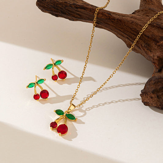Simple Dignified Rhinestone Cherry Pendant Necklace