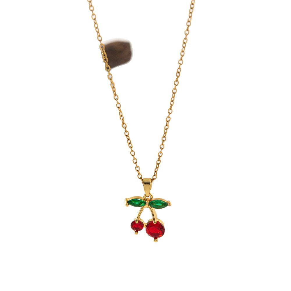 Simple Dignified Rhinestone Cherry Pendant Necklace