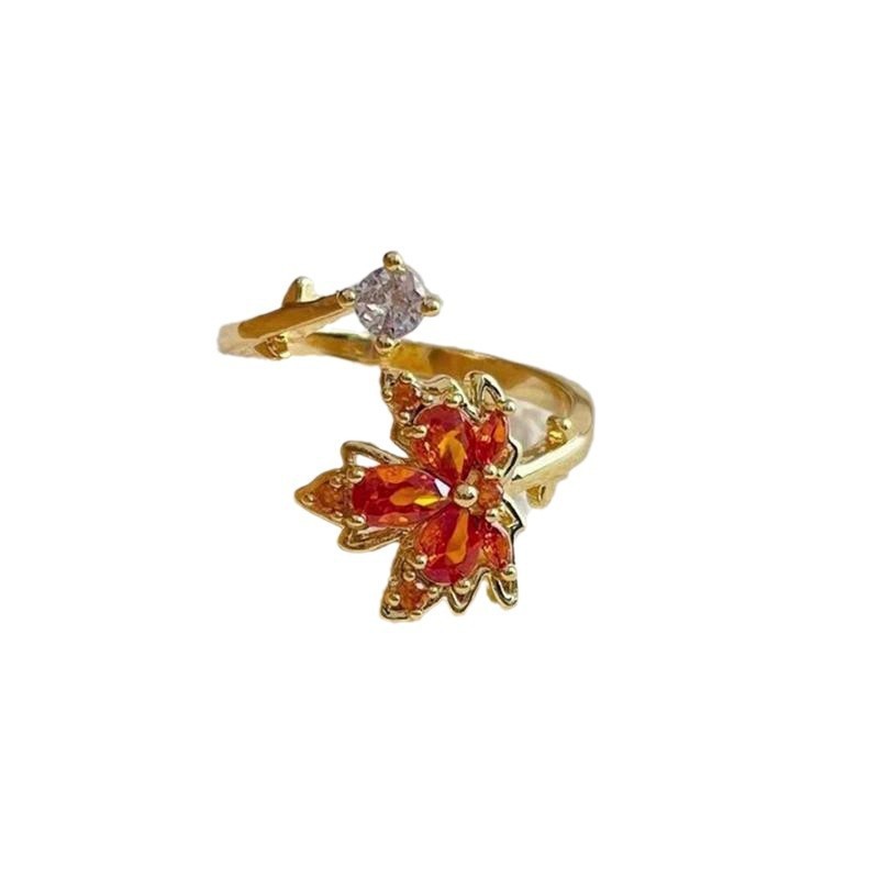 Fashionable Golden Open Red Maple Leaf Ring