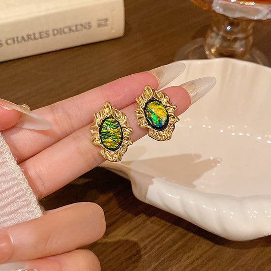 Retro New Pleated Metal Irregular Green Earrings