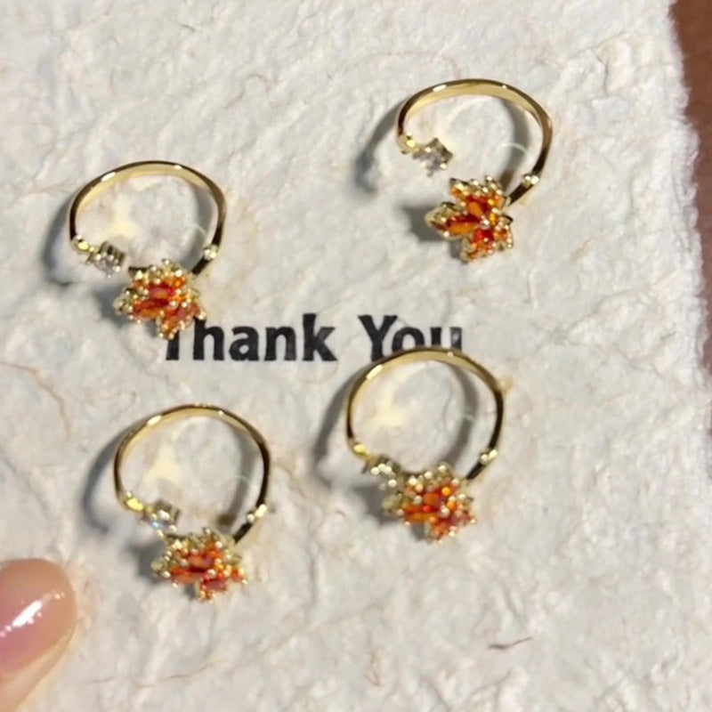 Fashionable Golden Open Red Maple Leaf Ring