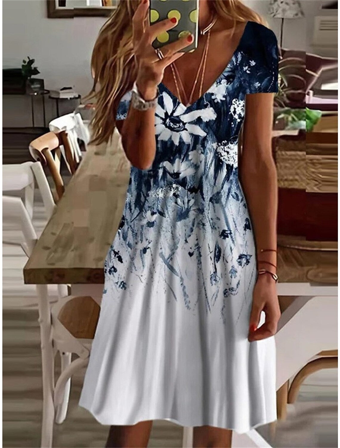 Printed Leaf Printed V-neck Mini Dress