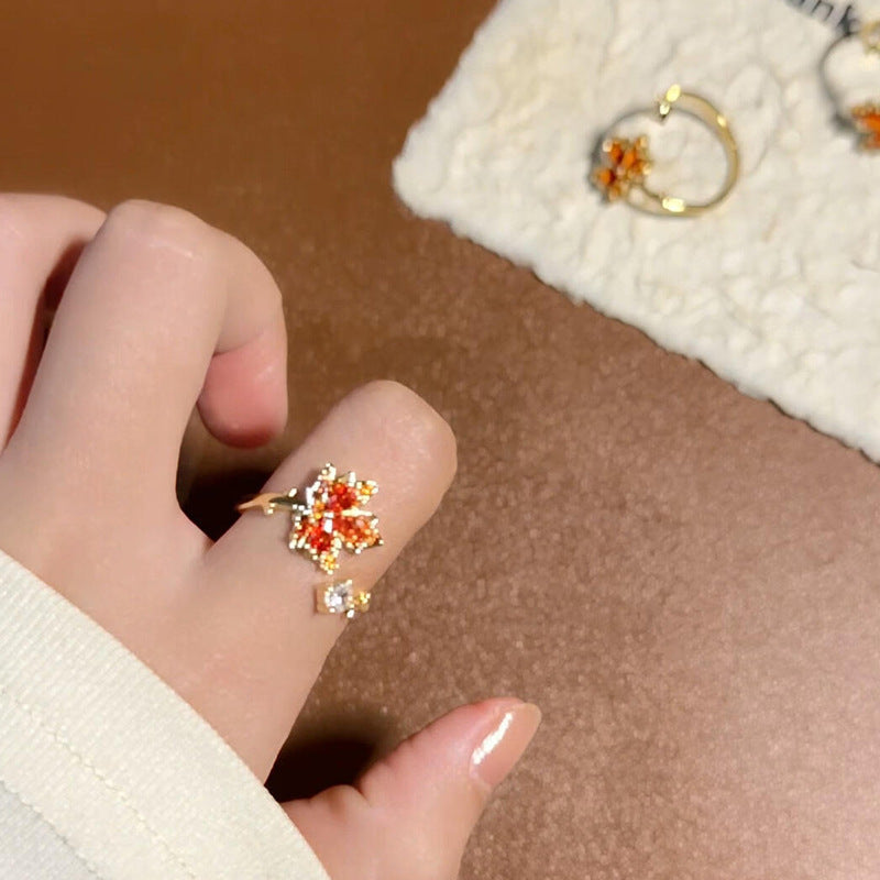 Fashionable Golden Open Red Maple Leaf Ring